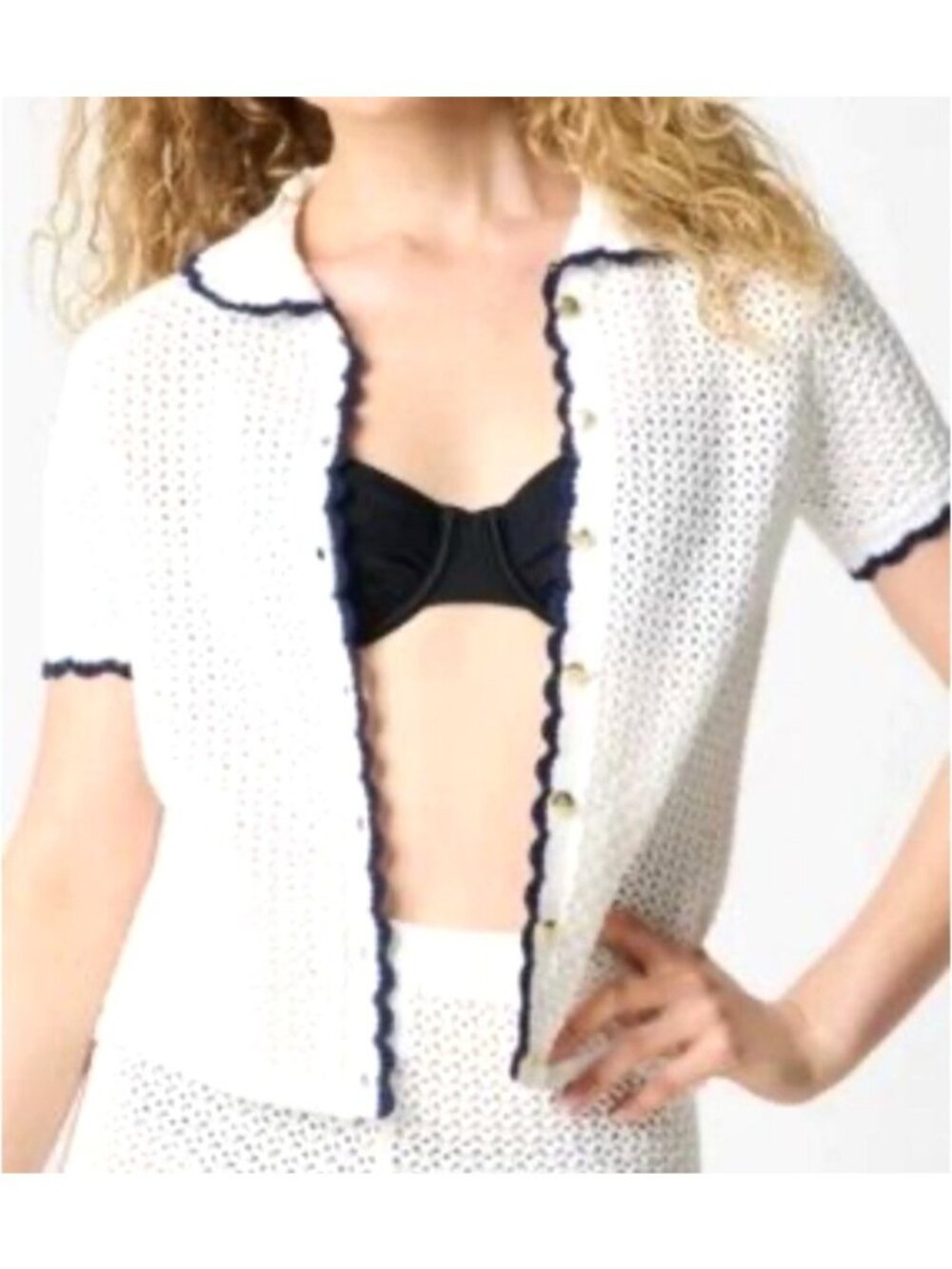 J.Crew Women's Sz M Cardigan With Navy Trim & Gold Buttons Short-Sleeve Collared - Picture 10 of 10